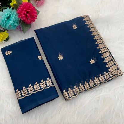 Generic Women's Georgette Embroidered Saree With Unstitched Blouse 5.5Mtr (Blue)