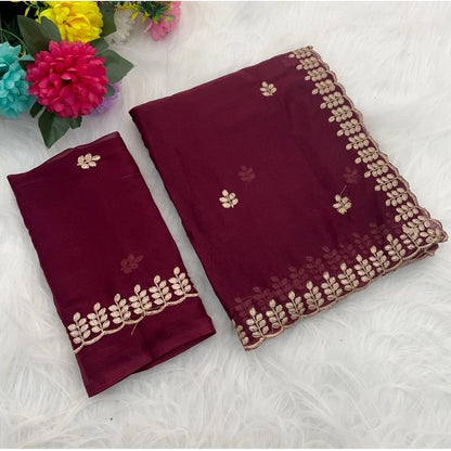 Generic Women's Georgette Embroidered Saree With Unstitched Blouse 5.5Mtr (Red)