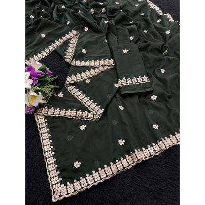 Generic Women's Georgette Embroidered Saree With Unstitched Blouse 5.5Mtr (Green)