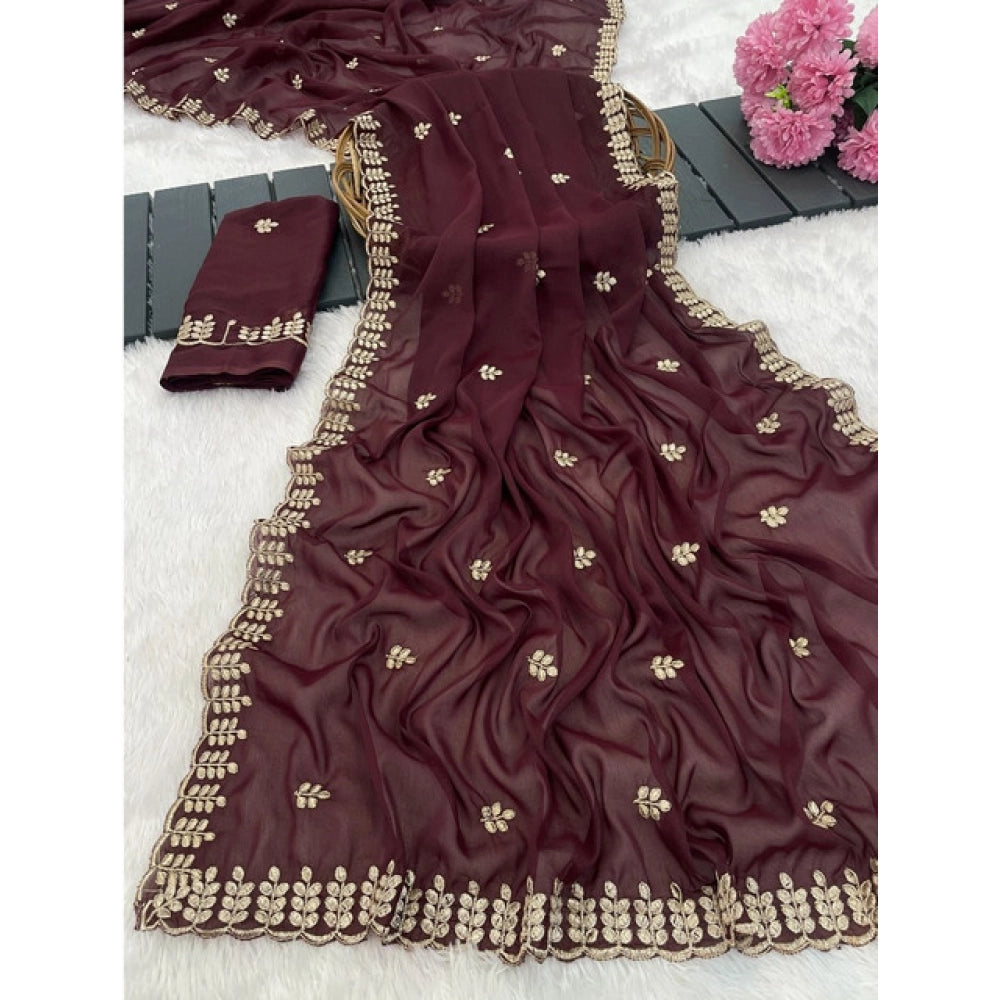 Generic Women's Georgette Embroidered Saree With Unstitched Blouse 5.5Mtr (Maroon)