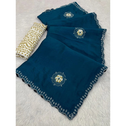 Generic Women's Chiffon Butti Dotted Saree With Unstitched Blouse 5.5Mtr (Blue)