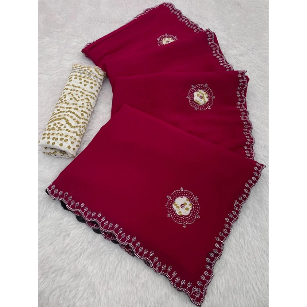 Generic Women's Chiffon Butti Dotted Saree With Unstitched Blouse 5.5Mtr (Pink)