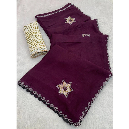 Generic Women's Chiffon Butti Dotted Saree With Unstitched Blouse 5.5Mtr (Wine)