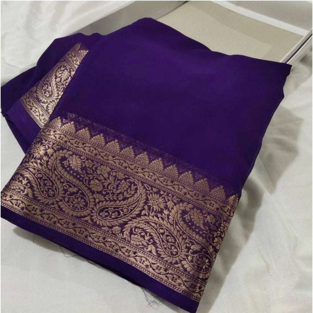 Generic Women's Crepe Chit Pallu Solid Saree With Unstitched Blouse 5.5Mtr (Purple)
