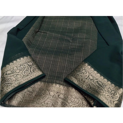 Generic Women's Crepe Chit Pallu Solid Saree With Unstitched Blouse 5.5Mtr (Bottle Green)