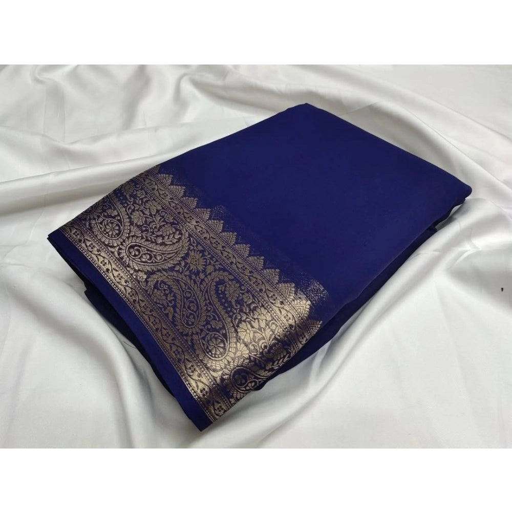 Generic Women's Crepe Chit Pallu Solid Saree With Unstitched Blouse 5.5Mtr (Blue)