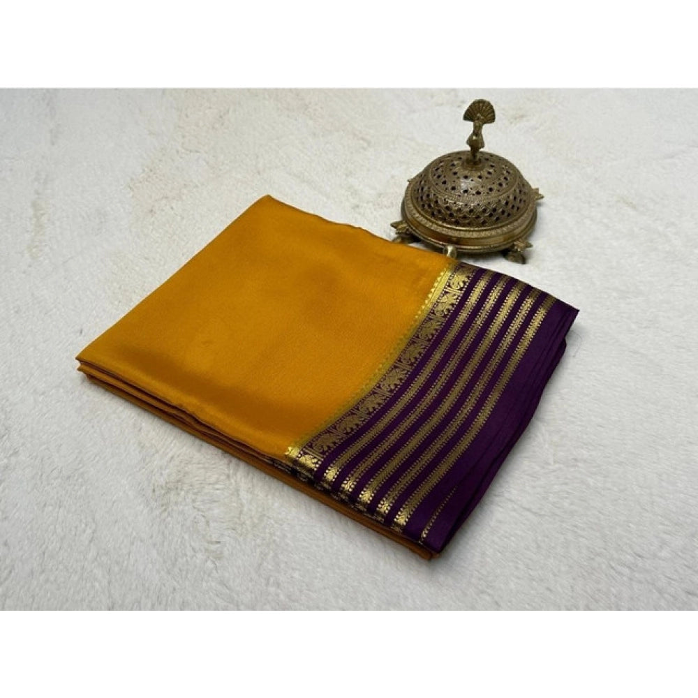 Generic Women's Crepe Chit Pallu Solid Saree With Unstitched Blouse 5.5Mtr (Gold)