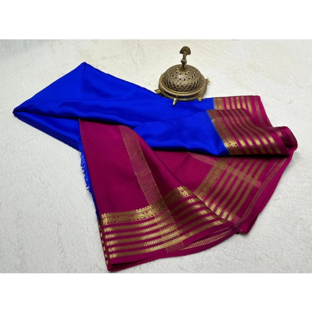 Generic Women's Crepe Chit Pallu Solid Saree With Unstitched Blouse 5.5Mtr (Navy Blue)