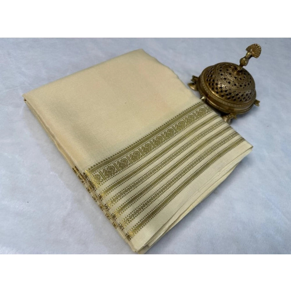 Generic Women's Crepe Chit Pallu Solid Saree With Unstitched Blouse 5.5Mtr (Beige)