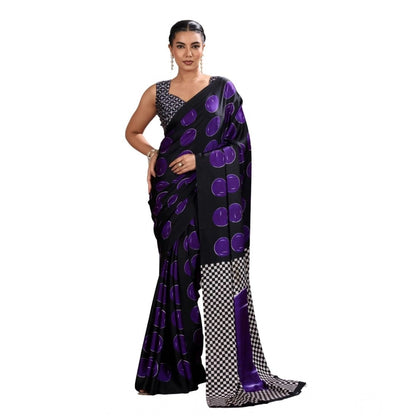 Generic Women's Satin Crepe Printed Saree With Unstitched Blouse 5.5Mtr (Purple)