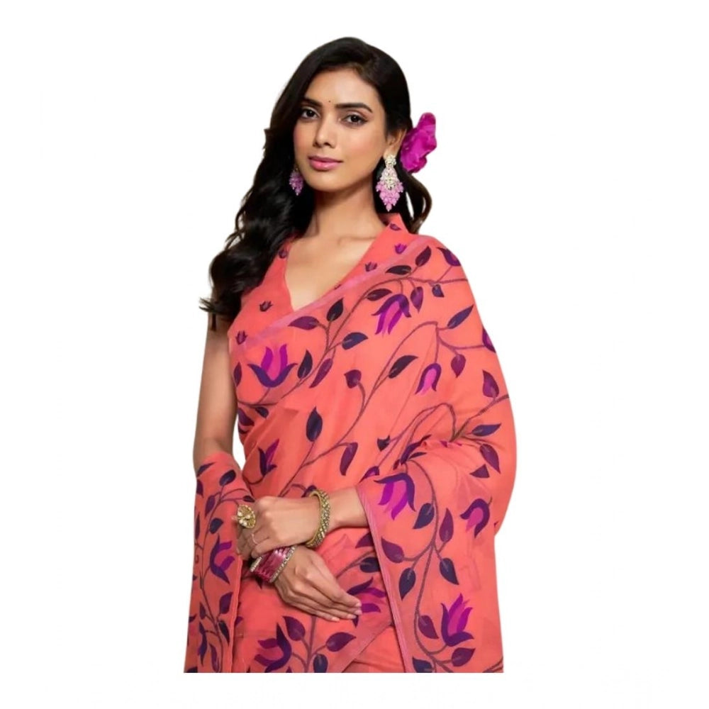 Generic Women's Georgette Printed Saree With Unstitched Blouse 5.5Mtr (Peach)