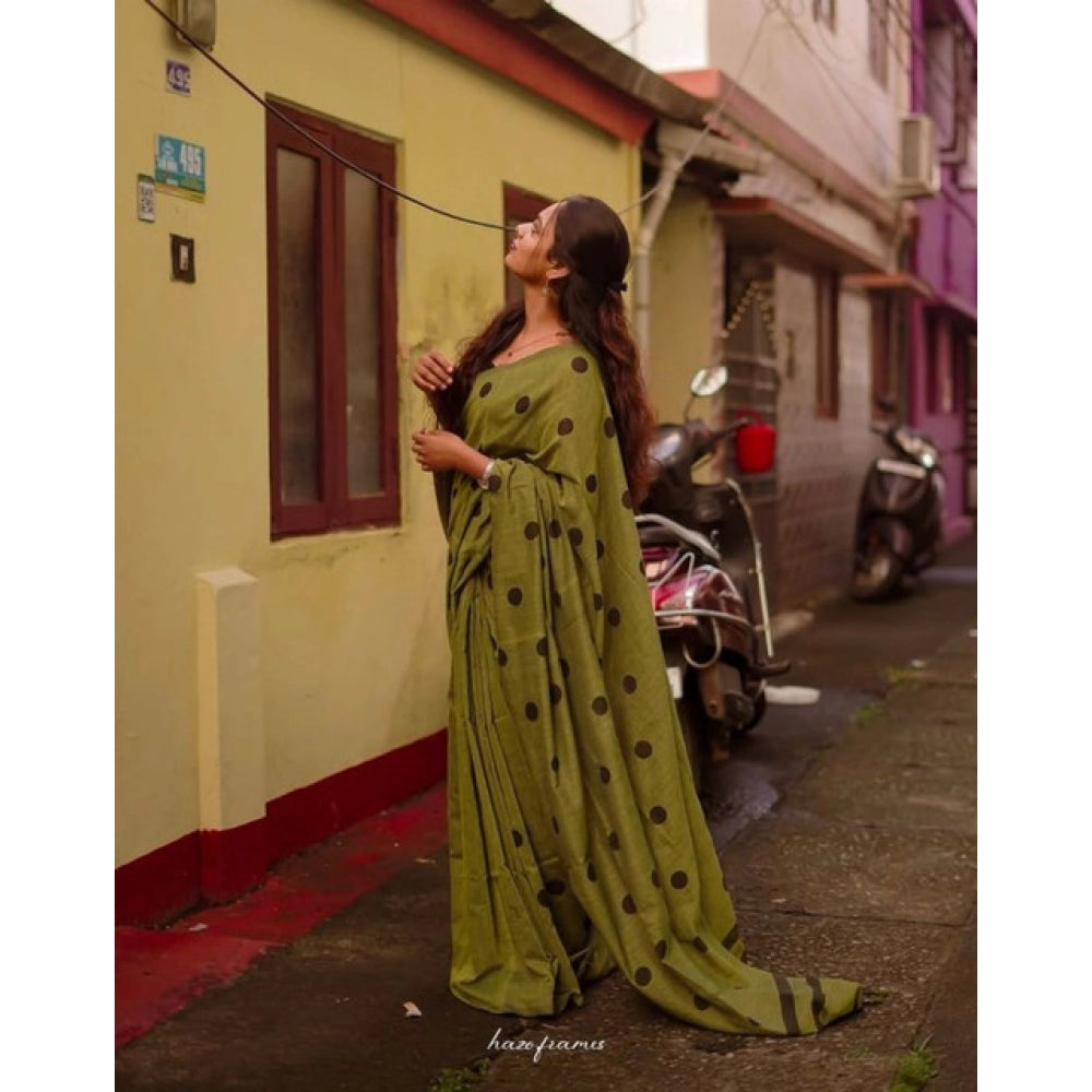 Generic Women's Linen Printed Saree With Unstitched Blouse 5.5Mtr (Green)