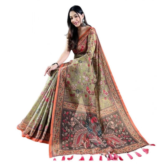 Generic Women's Linen Printed Saree With Unstitched Blouse 5.5Mtr (Sea Green)
