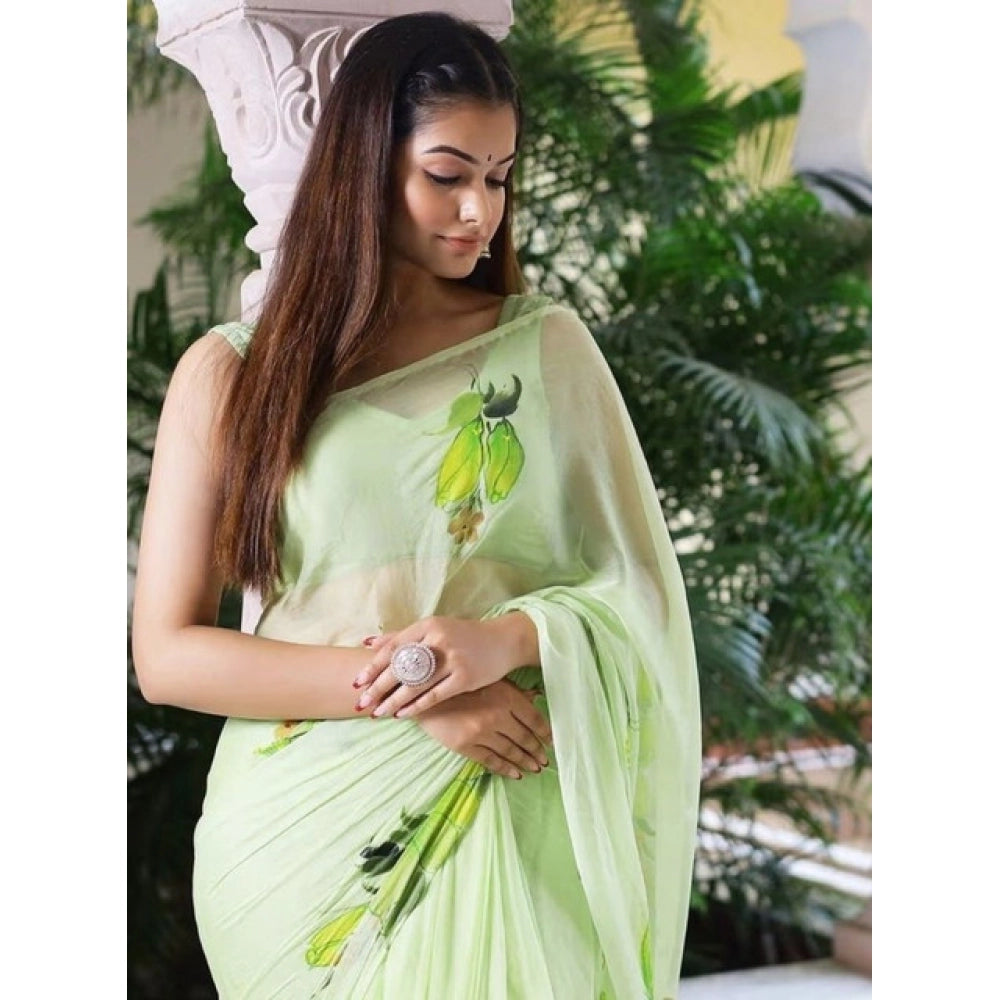 Generic Women's Linen Printed Saree With Unstitched Blouse 5.5Mtr (Green)