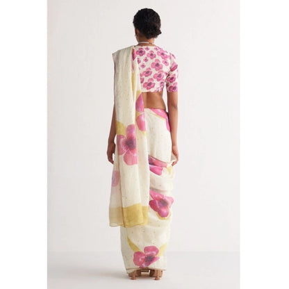 Generic Women's Linen Printed Saree With Unstitched Blouse 5.5Mtr (White)