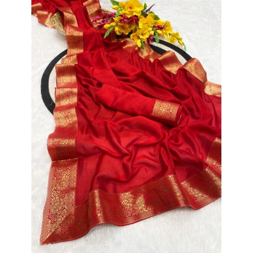 Generic Women's Vichitra Silk Printed Saree With Unstitched Blouse 5.5Mtr (Red)