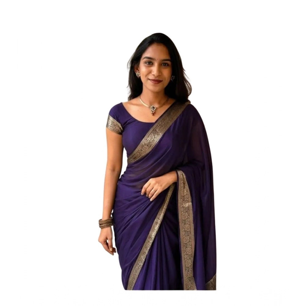 Generic Women's Vichitra Silk Printed Saree With Unstitched Blouse 5.5Mtr (Purple)
