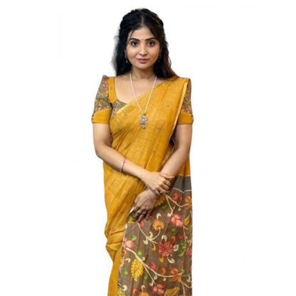 Generic Women's Linen Printed Saree With Unstitched Blouse 5.5Mtr (Mustard)