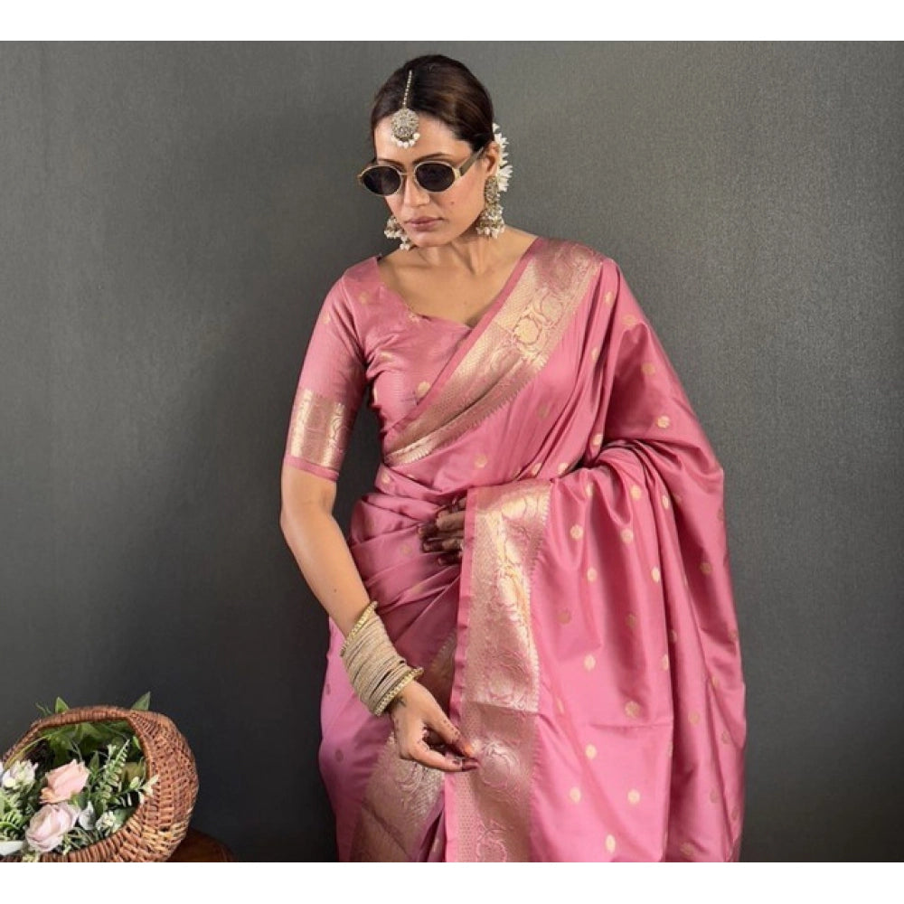 Generic Women's Satin Printed Saree With Unstitched Blouse 5.5Mtr (Pink)