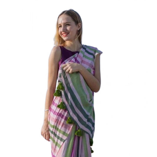 Generic Women's Linen Printed Saree With Unstitched Blouse 5.5Mtr (Pink)