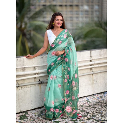 Generic Women's Linen Printed Saree With Unstitched Blouse 5.5Mtr (Green)