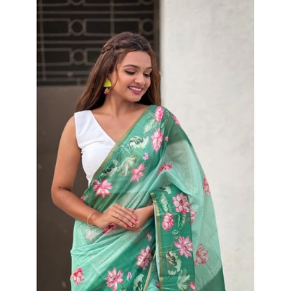 Generic Women's Linen Printed Saree With Unstitched Blouse 5.5Mtr (Green)