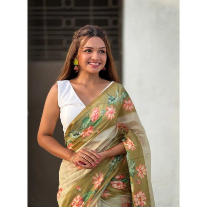 Generic Women's Linen Printed Saree With Unstitched Blouse 5.5Mtr (Mahendi)