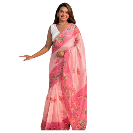 Generic Women's Linen Printed Saree With Unstitched Blouse 5.5Mtr (Pink)