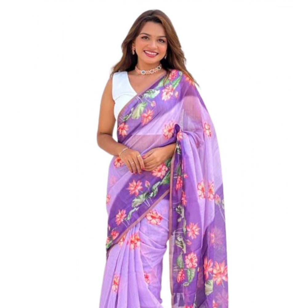 Generic Women's Linen Printed Saree With Unstitched Blouse 5.5Mtr (Purple)