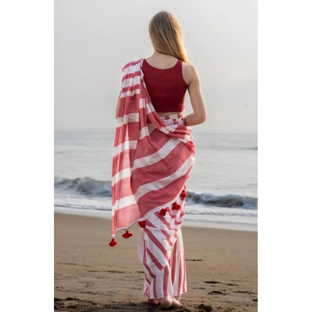Generic Women's Linen Printed Saree With Unstitched Blouse 5.5Mtr (Red)