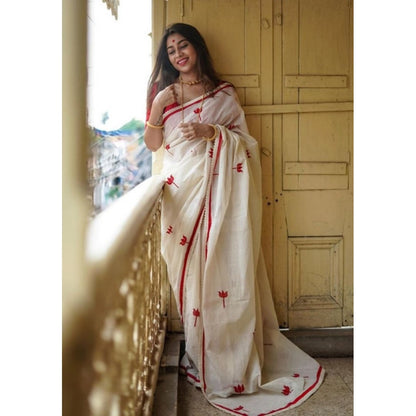 Generic Women's Linen Printed Saree With Unstitched Blouse 5.5Mtr (White)