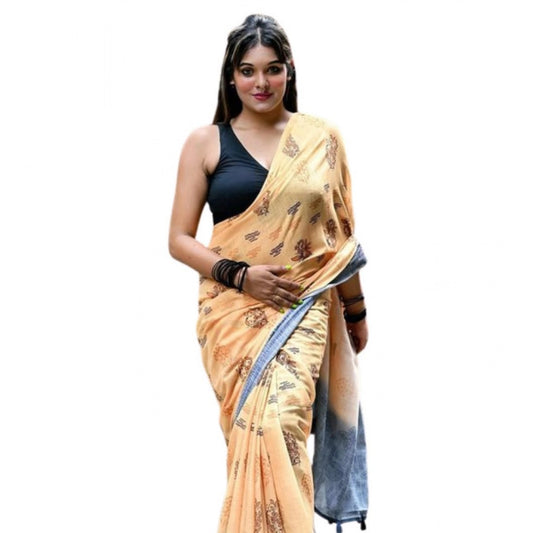 Generic Women's Linen Printed Saree With Unstitched Blouse 5.5Mtr (Peach)