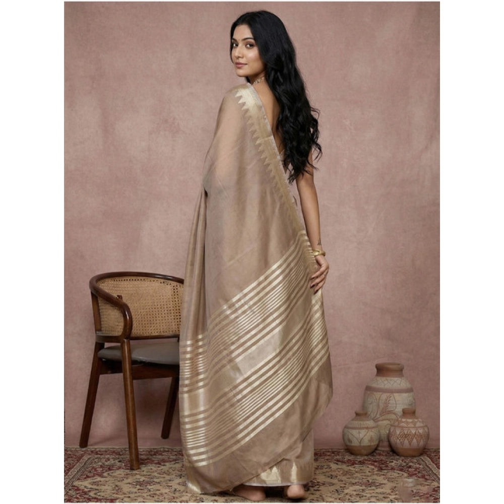 Generic Women's Cotton Printed Saree With Unstitched Blouse 5.5Mtr (Beige)