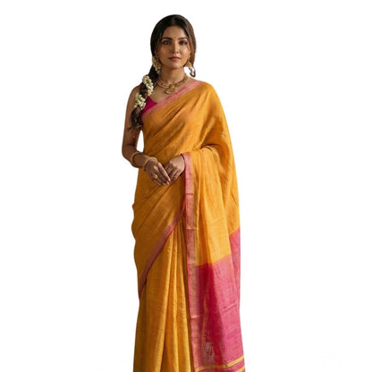 Generic Women's Cotton Printed Saree With Unstitched Blouse 5.5Mtr (Yellow)