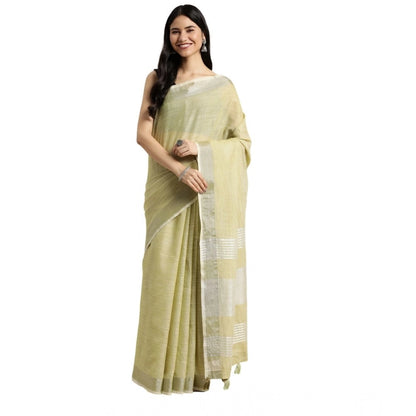 Generic Women's Linen Cotton Printed Saree With Unstitched Blouse 5.5Mtr (Olive Green)