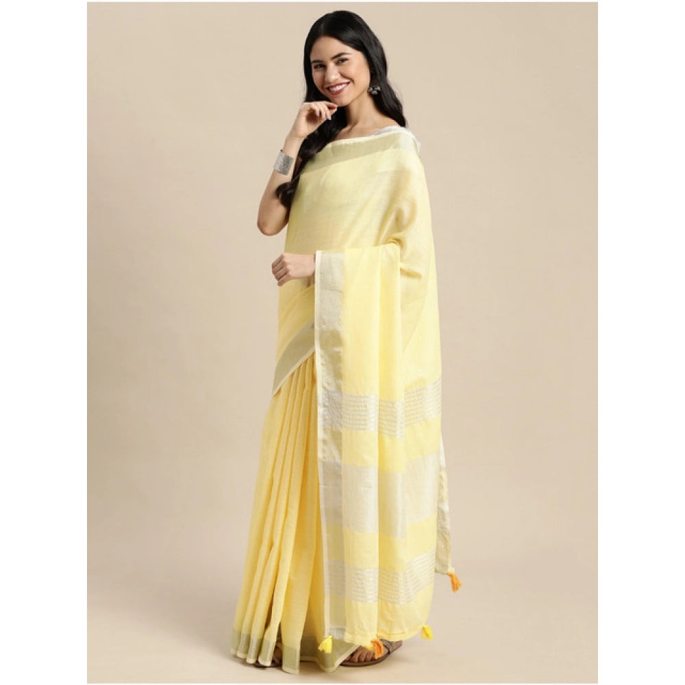 Generic Women's Linen Cotton Printed Saree With Unstitched Blouse 5.5Mtr (Yellow)