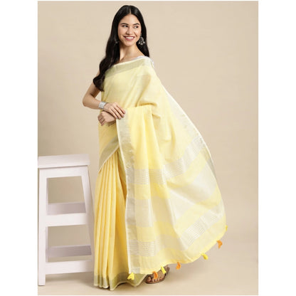 Generic Women's Linen Cotton Printed Saree With Unstitched Blouse 5.5Mtr (Yellow)