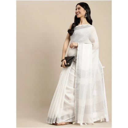 Generic Women's Linen Cotton Printed Saree With Unstitched Blouse 5.5Mtr (White)