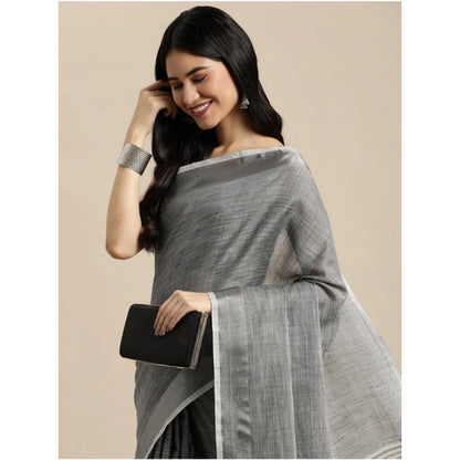 Generic Women's Linen Cotton Printed Saree With Unstitched Blouse 5.5Mtr (Dark Grey)