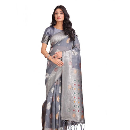 Generic Women's Linen Cotton Printed Saree With Unstitched Blouse 5.5Mtr (Grey)