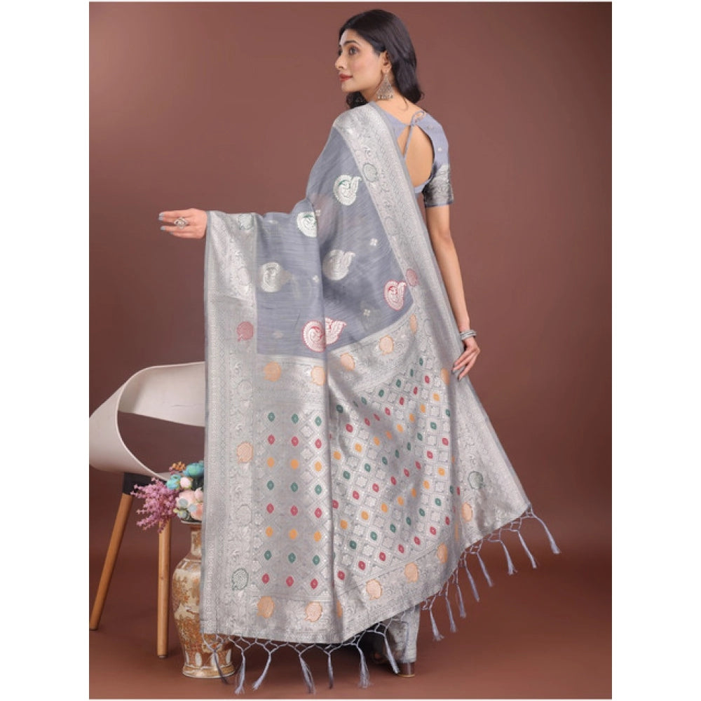 Generic Women's Linen Cotton Printed Saree With Unstitched Blouse 5.5Mtr (Grey)