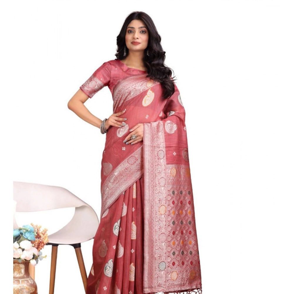 Generic Women's Linen Cotton Printed Saree With Unstitched Blouse 5.5Mtr (Pink)