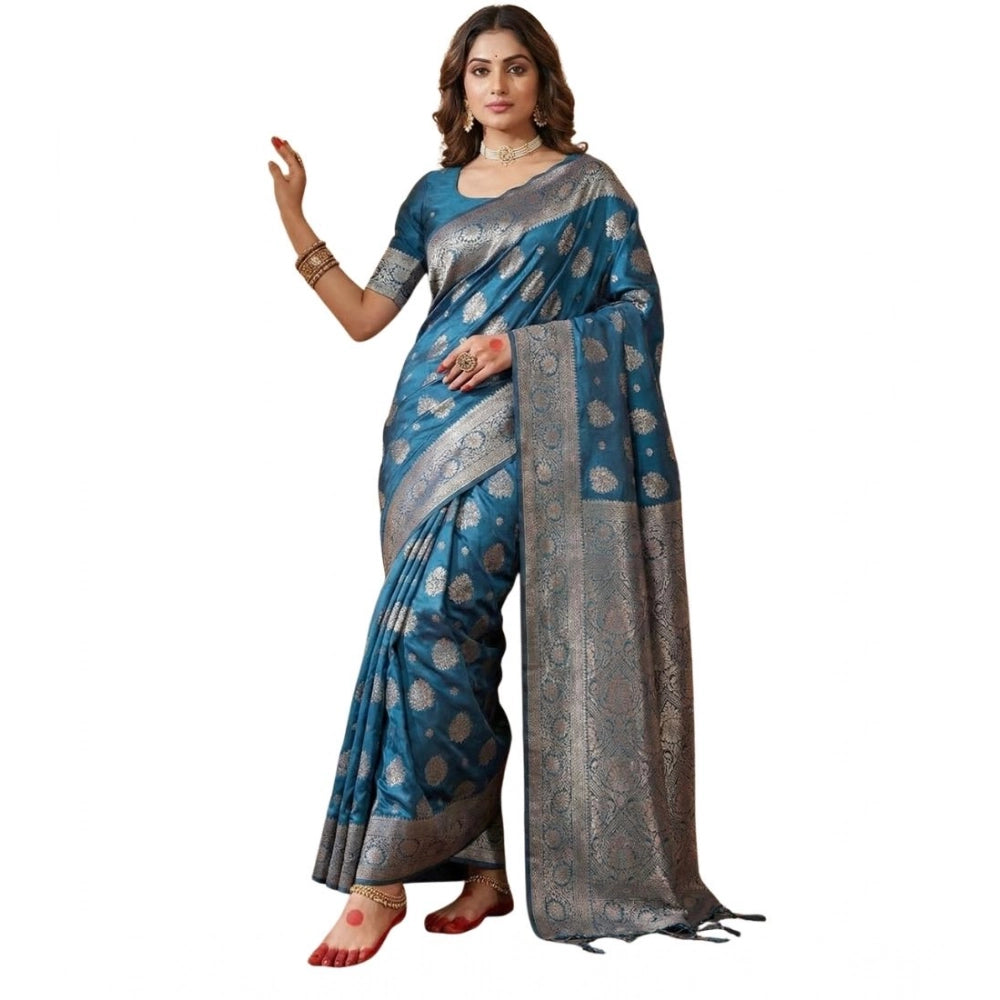 Generic Women's Silk Blend Printed Saree With Unstitched Blouse 5.5Mtr (Teal Blue)
