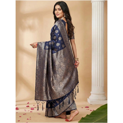 Generic Women's Silk Blend Printed Saree With Unstitched Blouse 5.5Mtr (Navy Blue)