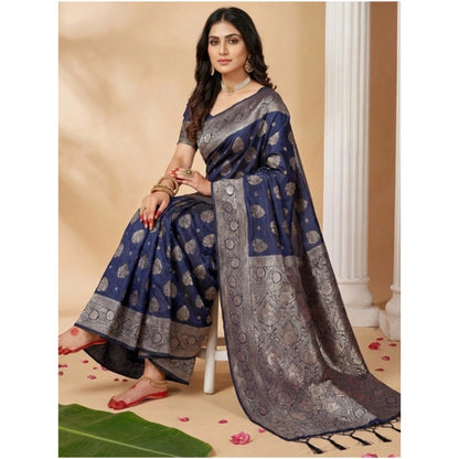 Generic Women's Silk Blend Printed Saree With Unstitched Blouse 5.5Mtr (Navy Blue)