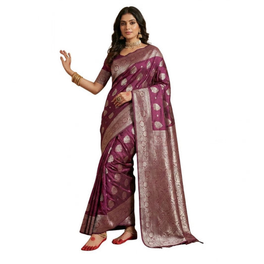 Generic Women's Silk Blend Printed Saree With Unstitched Blouse 5.5Mtr (Purple)