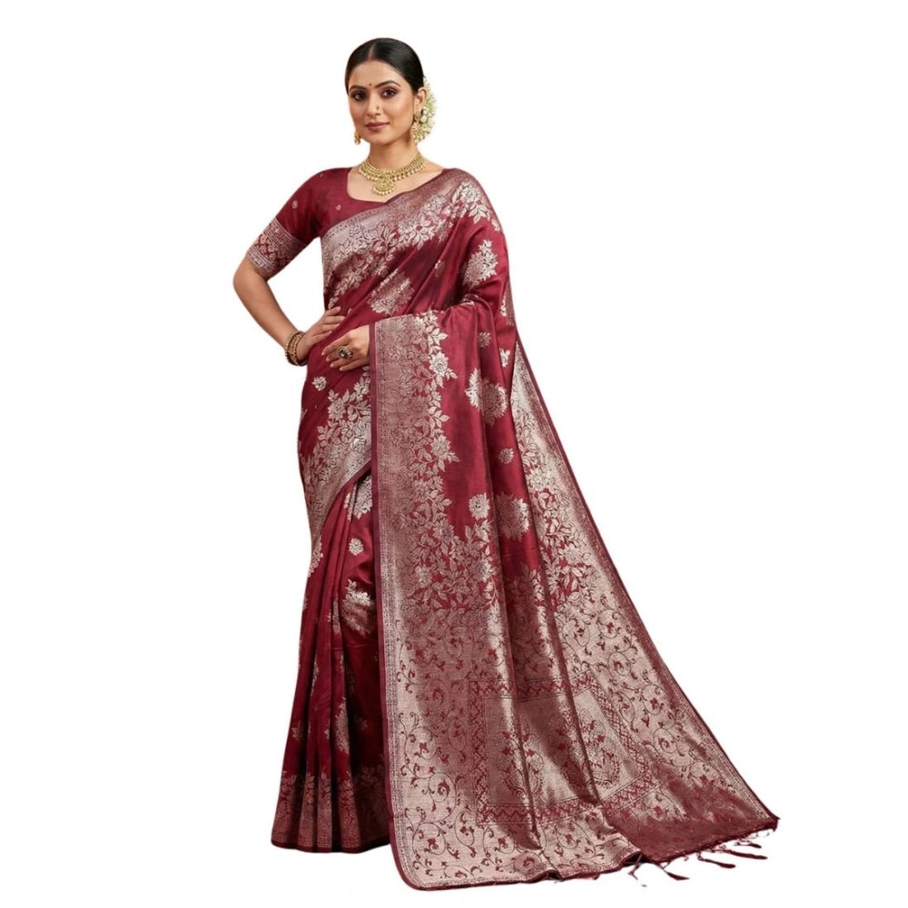 Generic Women's Silk Blend Printed Saree With Unstitched Blouse 5.5Mtr (Maroon)