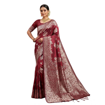 Generic Women's Silk Blend Printed Saree With Unstitched Blouse 5.5Mtr (Maroon)