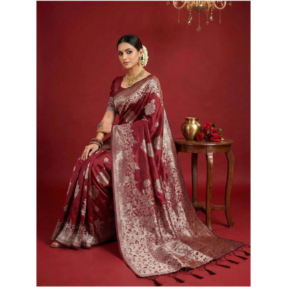 Generic Women's Silk Blend Printed Saree With Unstitched Blouse 5.5Mtr (Maroon)