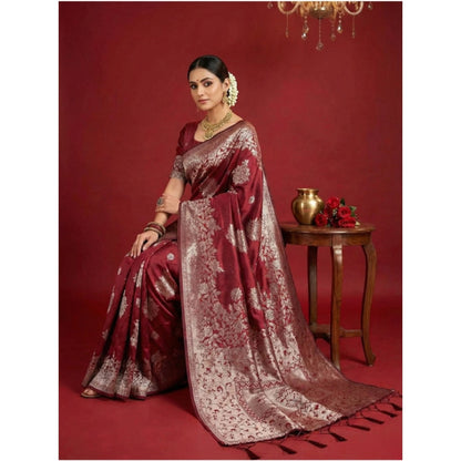 Generic Women's Silk Blend Printed Saree With Unstitched Blouse 5.5Mtr (Maroon)